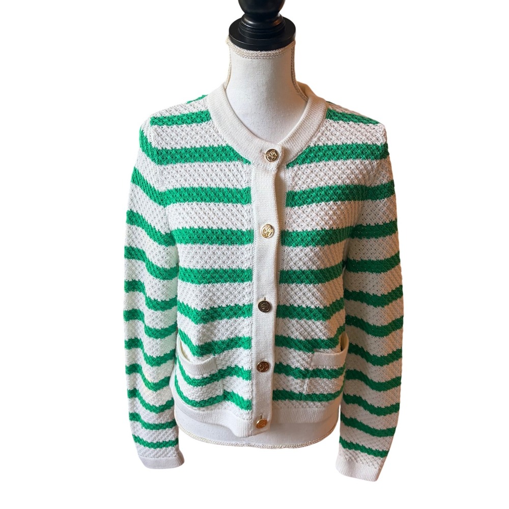 Draper James Green White Striped Cotton Knit Cardigan Sweater Lg Preppy Classic